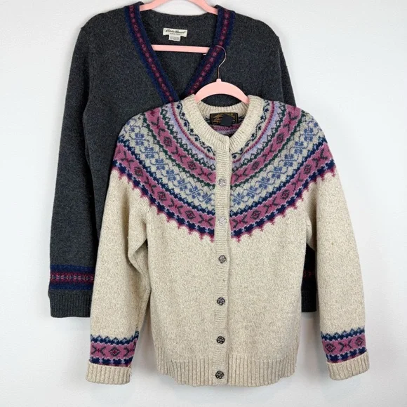 (2) Bundle Vintage Eddie Bauer Wool Fair Isle Cardigan Sweater Size Medium - Picture 1 of 15